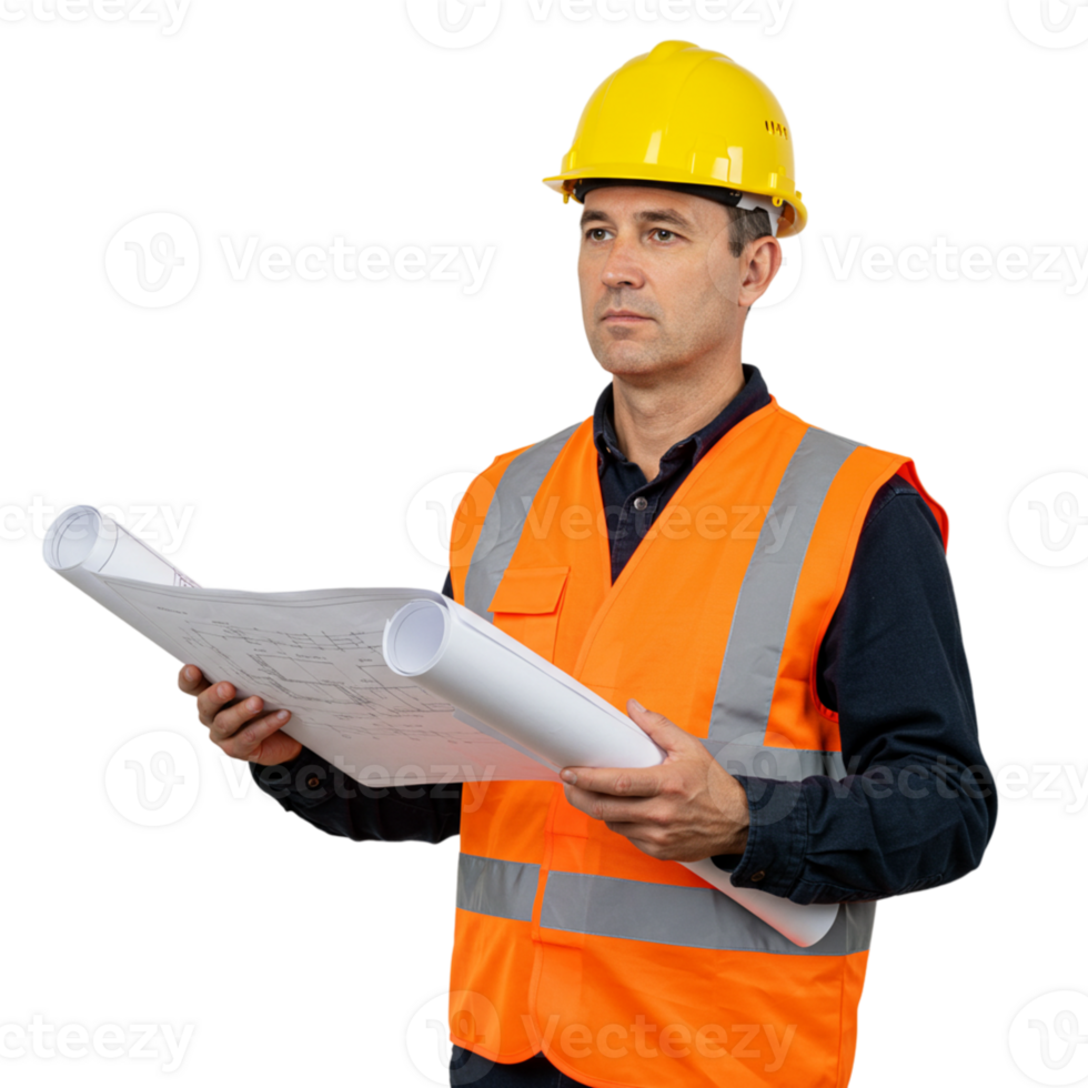Construction safety planning site manager reviewing blueprints construction site professional environment close-up view project management png
