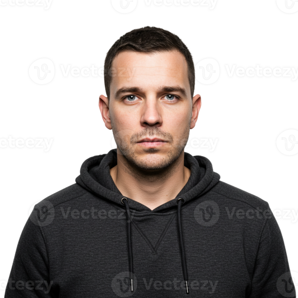 Portrait of a serious young man studio setting photography neutral background close-up expression of contemplation png