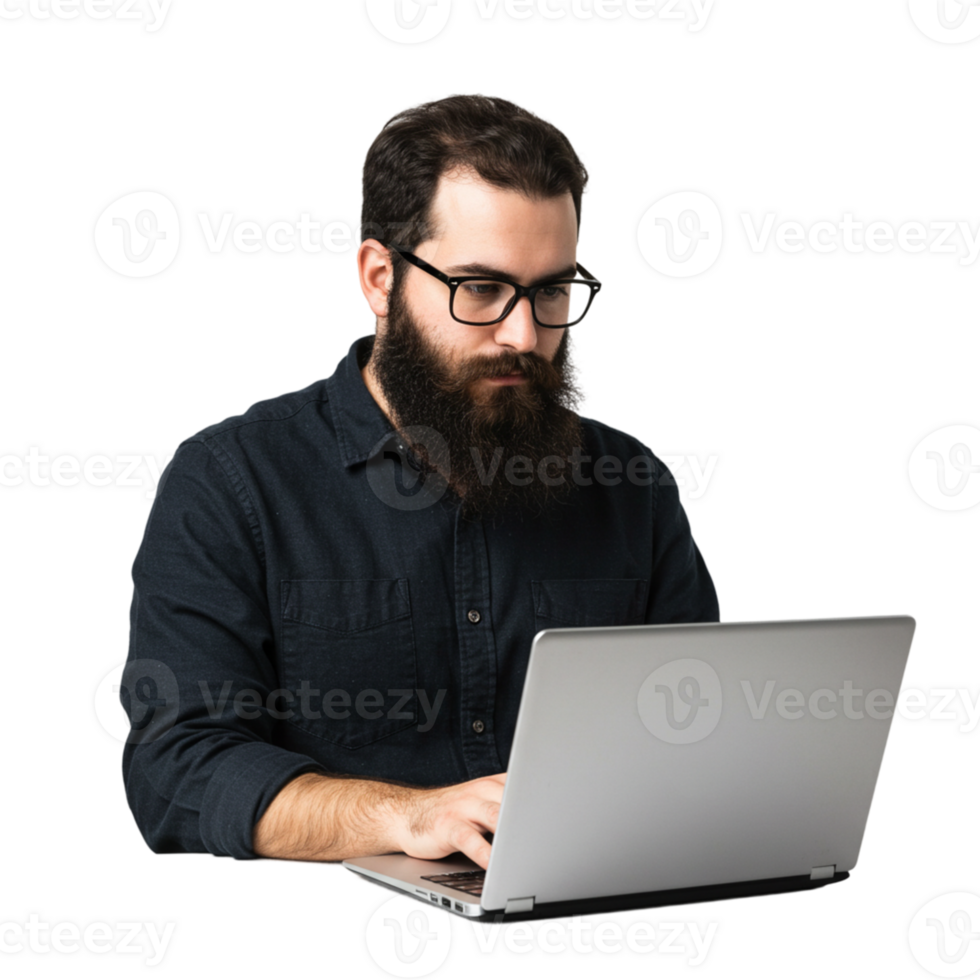 Focused professional working on laptop at home office modern workspace digital content creation productive environment close-up view png