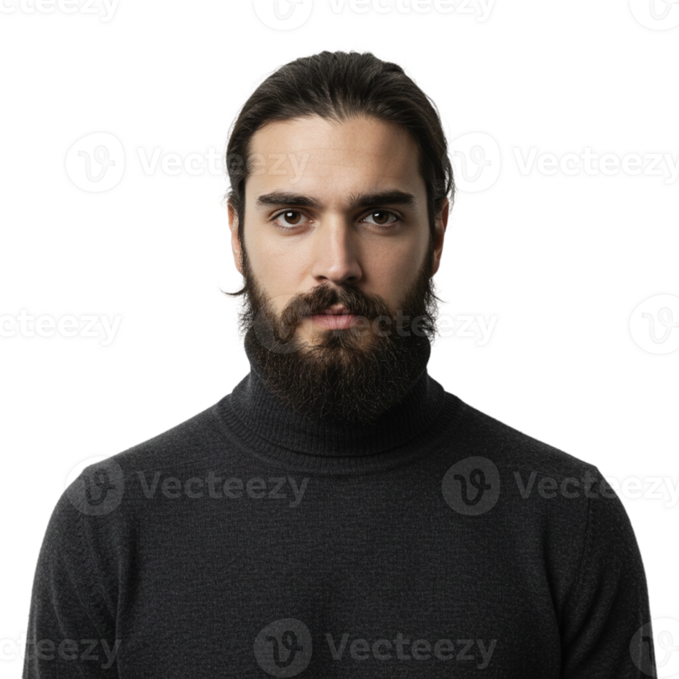 Stylish young man in turtleneck sweater studio environment portrait photography modern aesthetic close-up view fashion statement png