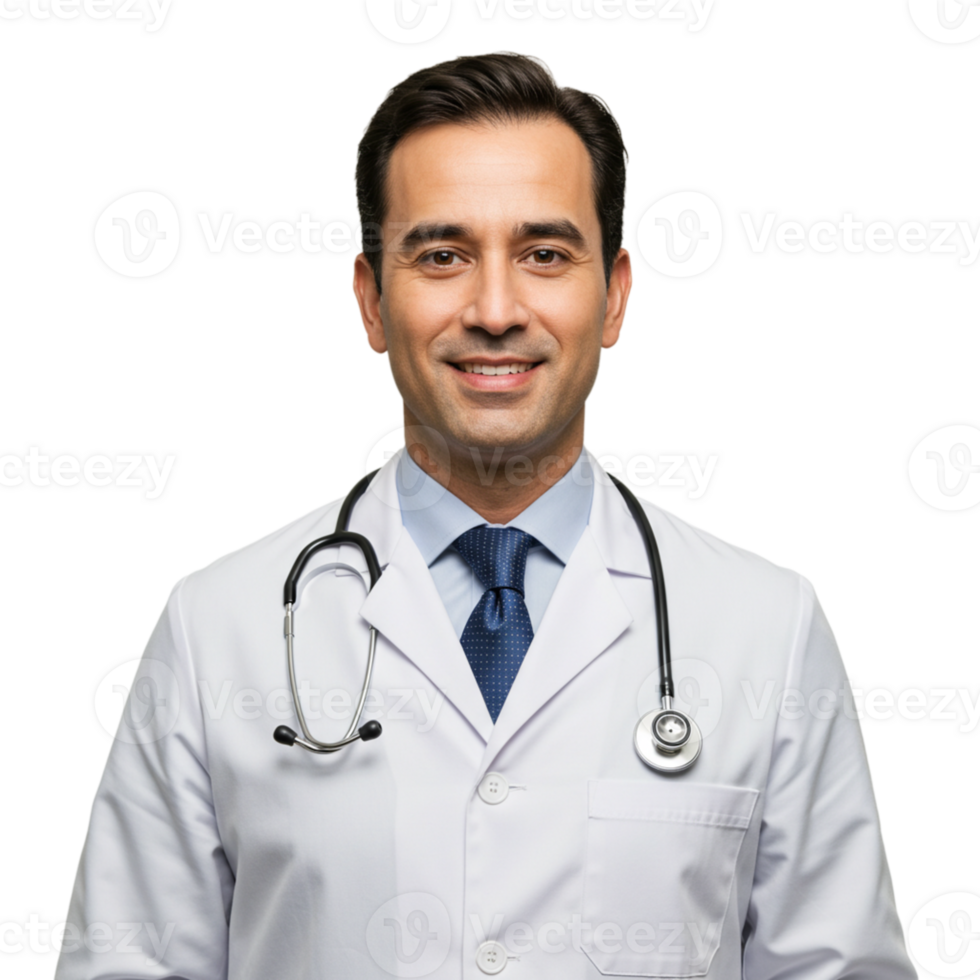 Doctor in white coat with stethoscope medical office portrait photography professional environment close-up view healthcare concept png