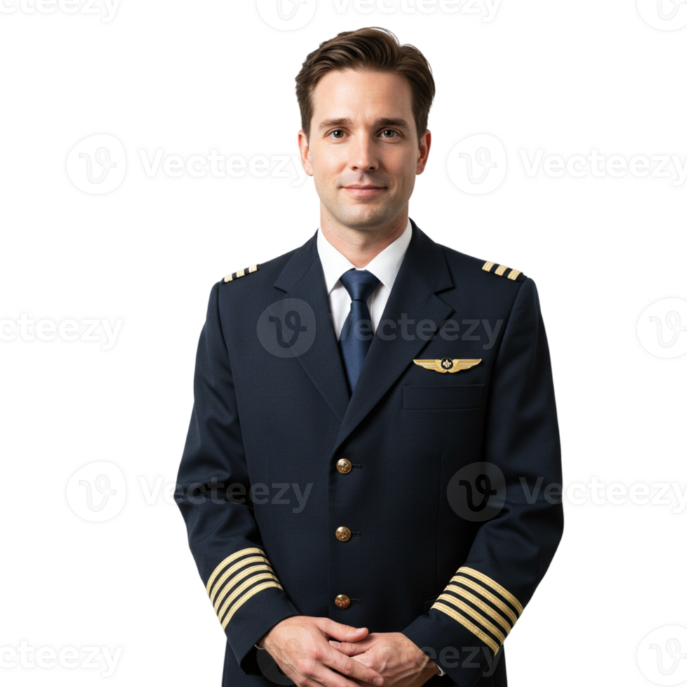 Pilot in uniform airport terminal professional portrait bright background close-up aviation career inspiration png