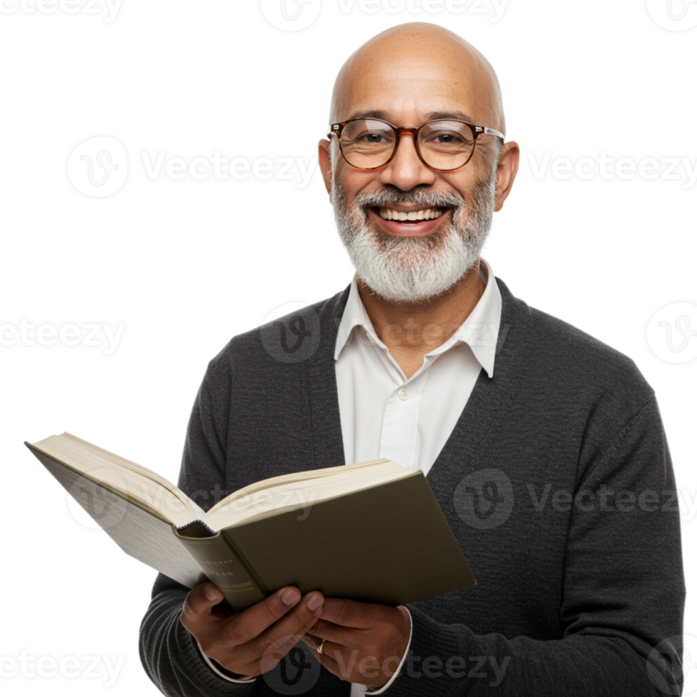 Reading enthusiast smiling with book in hand home office portrait bright environment inspirational concept for lifelong learning png