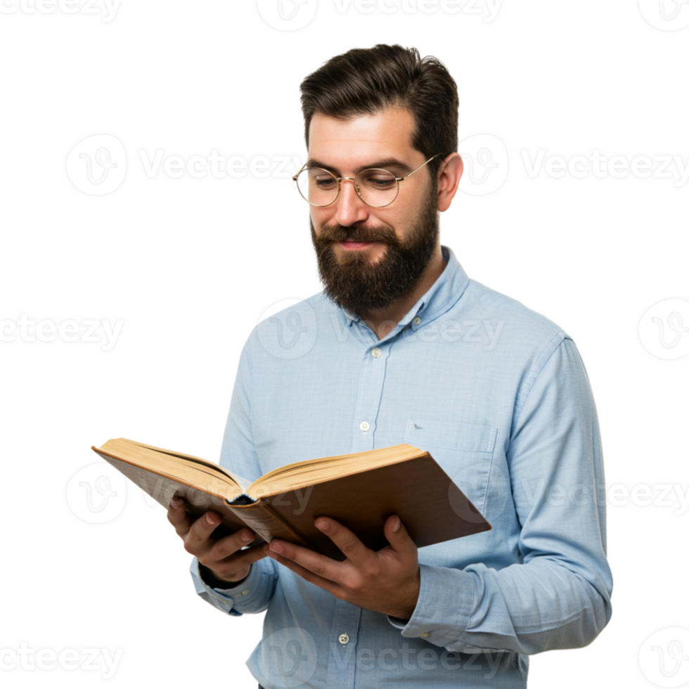 Reading and learning a man with glasses engaged in a book indoor setting close-up perspective intellectual pursuit png