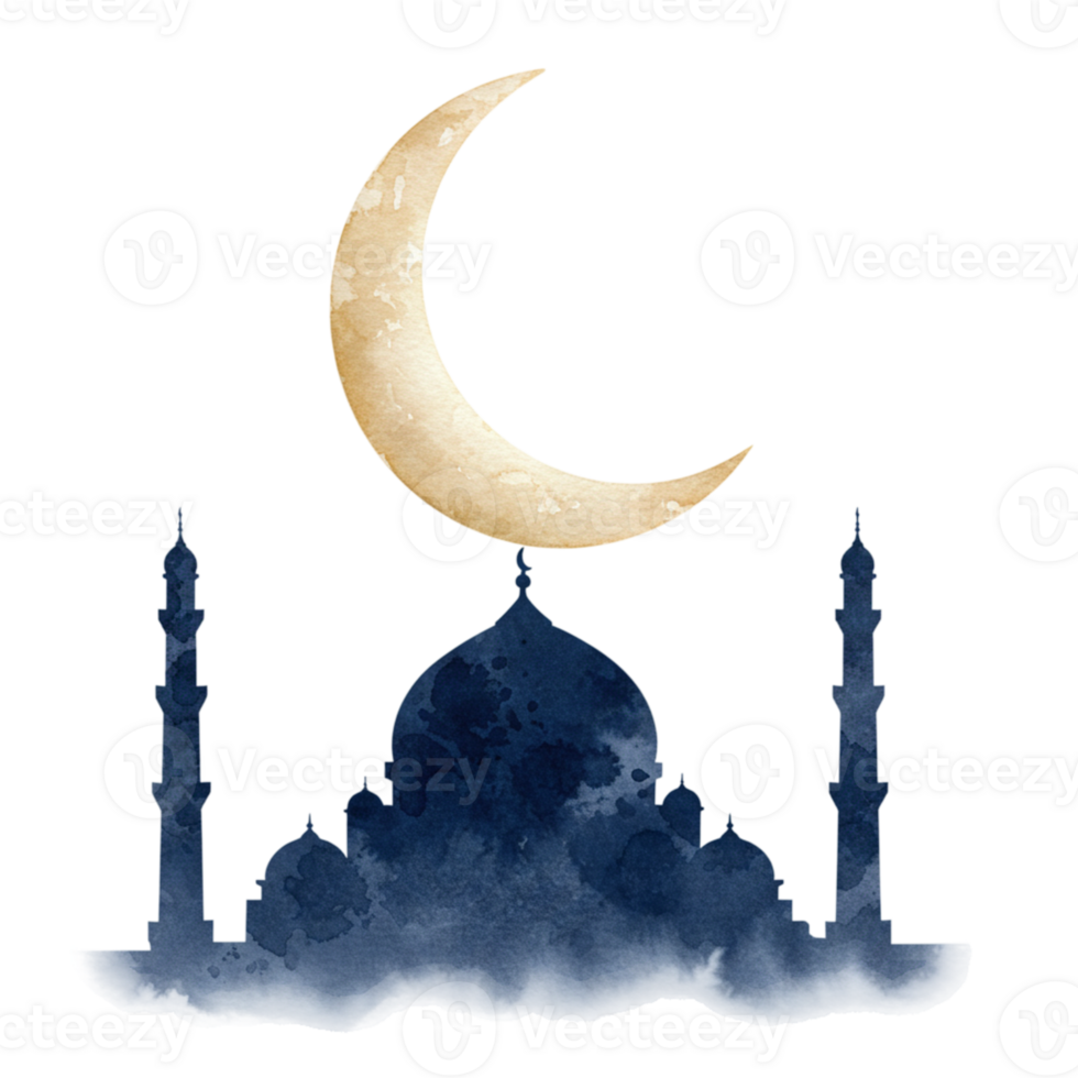 Majestic crescent moon over ancient mosque silhouette nighttime digital artwork calm atmosphere artistic viewpoint png