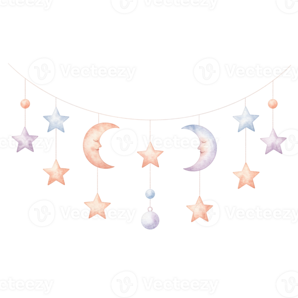 Decorative moon and star garland home decor whimsical soft pastels indoor cozy atmosphere png