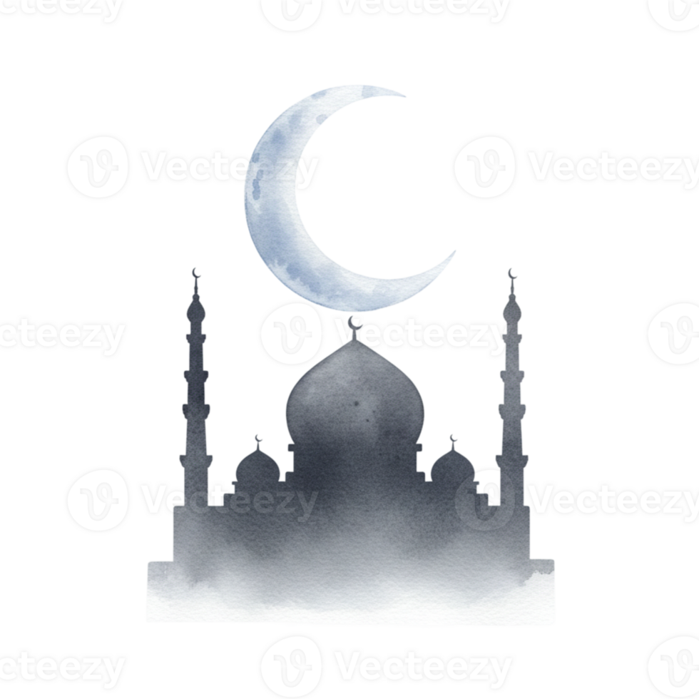 Majestic mosque silhouette under crescent moon spiritual landscape digital art peaceful atmosphere artistic viewpoint png