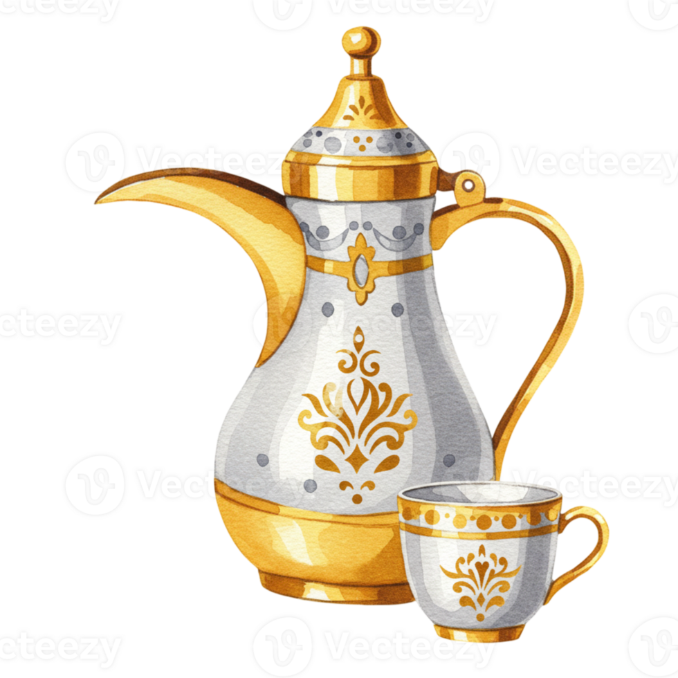 Elegant coffee pot and cup still life home decor digital art vibrant colors close-up luxurious design png