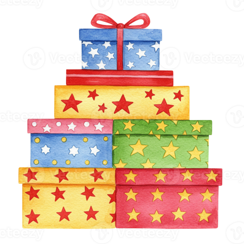 Festive gift stack surprises holiday celebration digital illustration cheerful atmosphere eye-level view joyful theme png