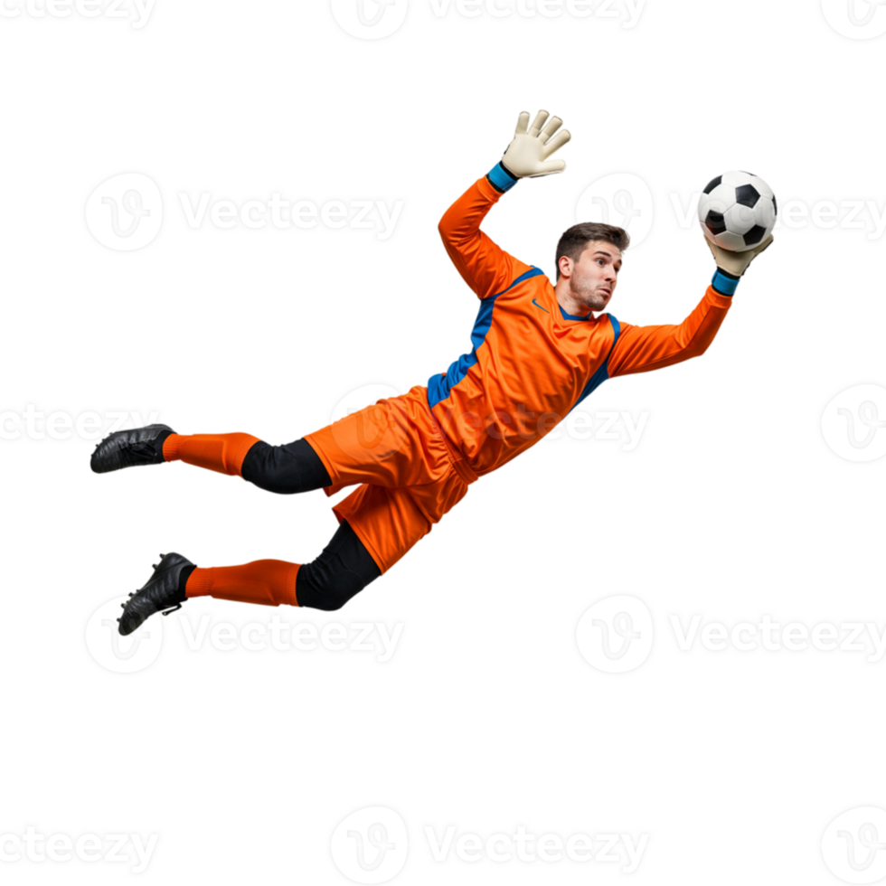 Diving goalkeeper saves soccer ball stadium sports action competitive environment dynamic viewpoint athletic excellence png