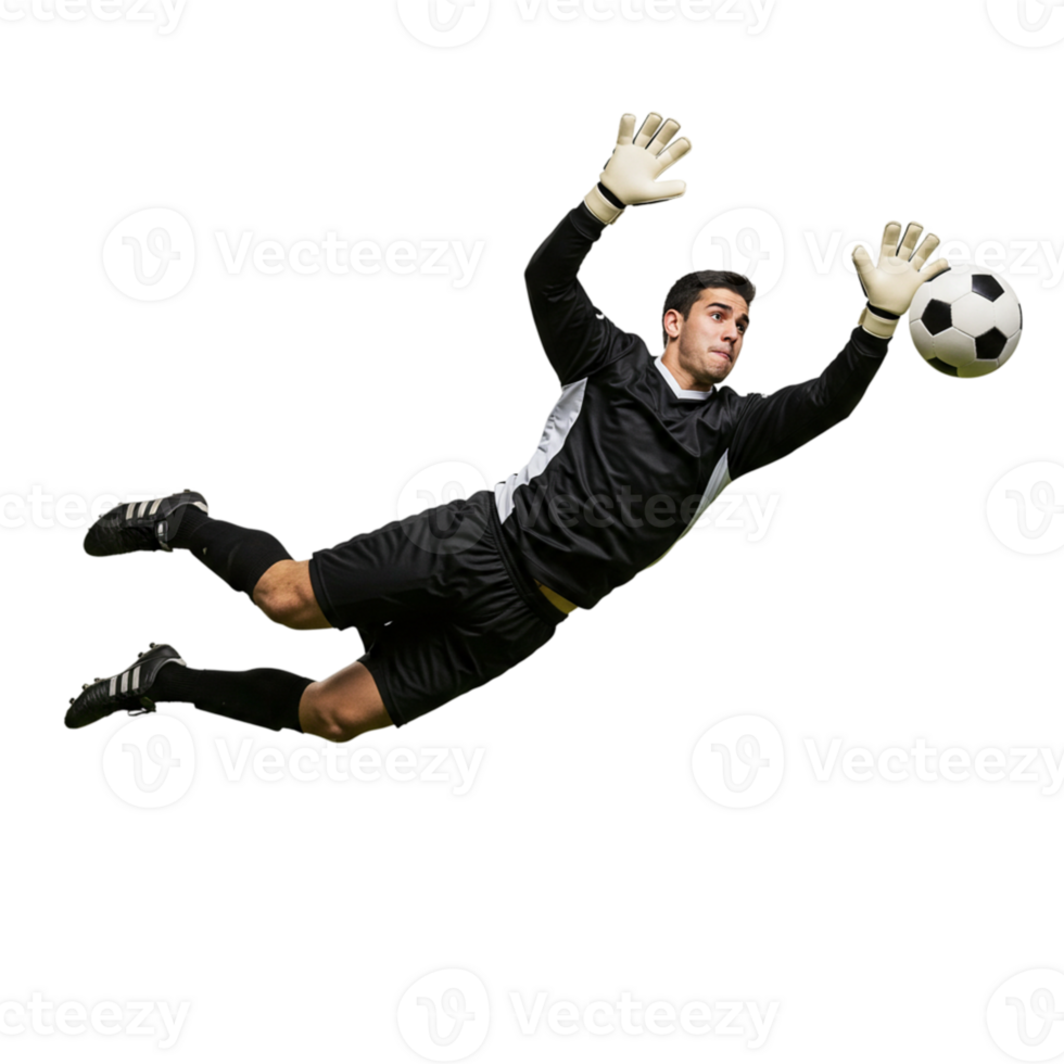 Goalkeeper saves a penalty kick during a soccer match stadium sports photography action-packed close-up athletic skill png