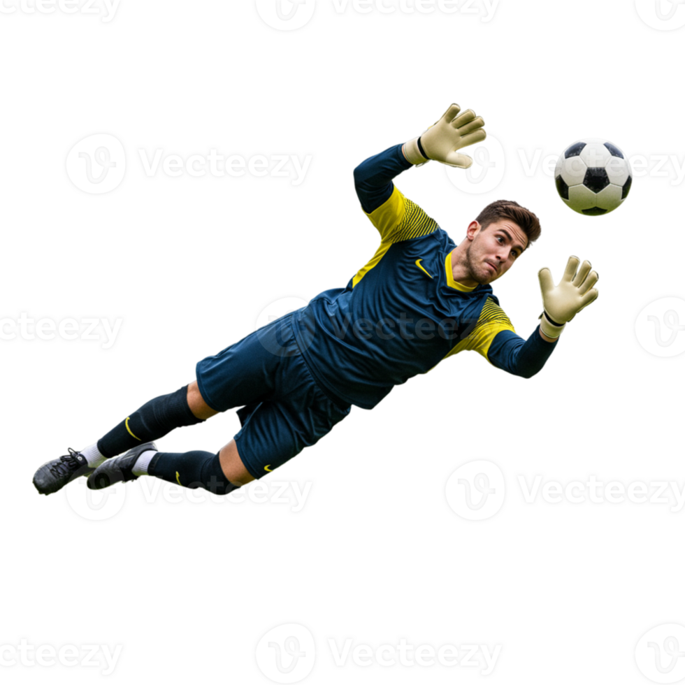 Goalkeeper diving to save ball during football match stadium sports action dynamic environment athlete in motion png