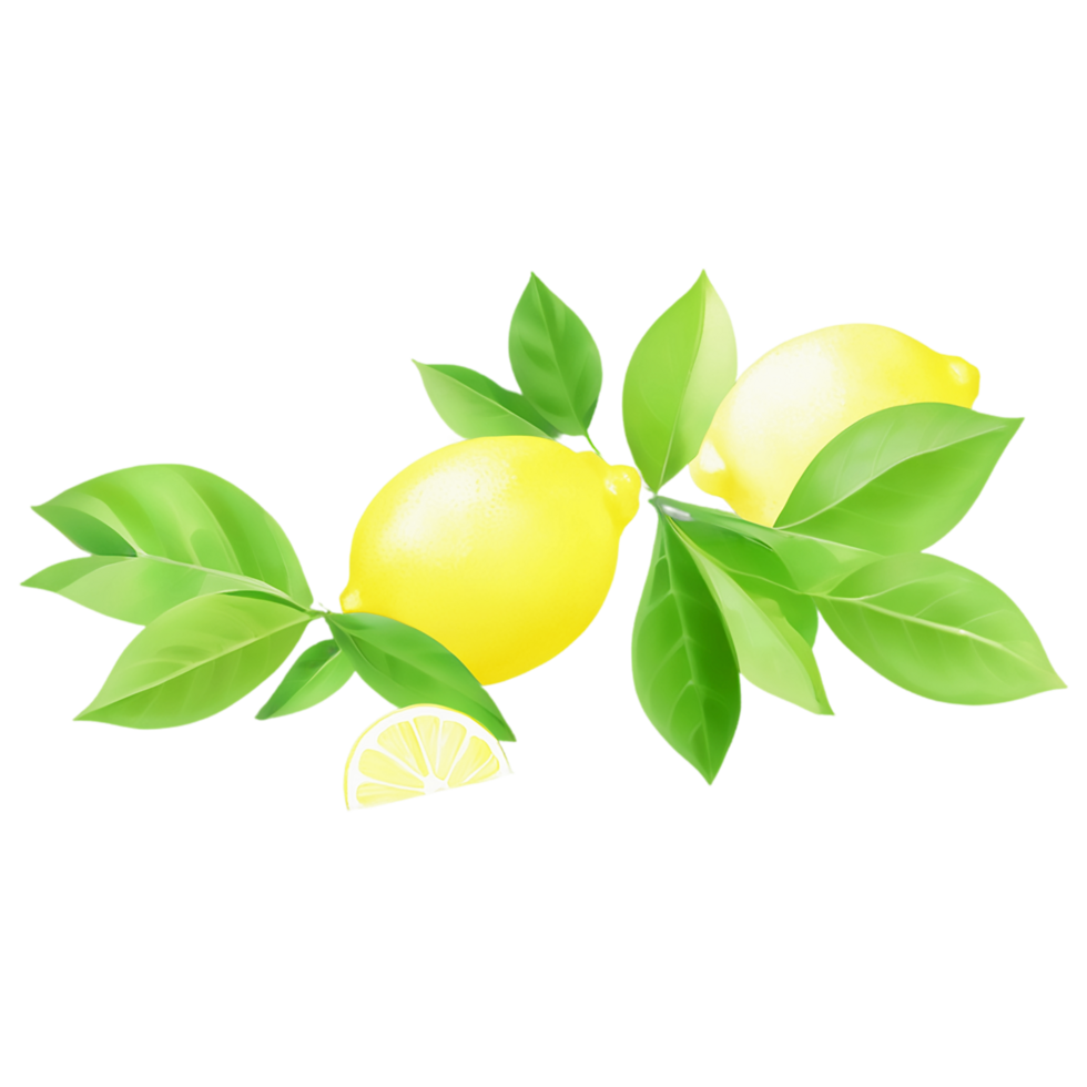 Bright yellow lemons, vibrant green leaves, photorealistic illustration, transparent background, crisp details, high contrast, fresh citrus fruit, botanical art, vector-like quality, png