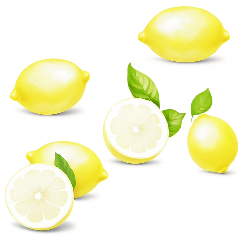 Yellow lemons, realistic, vibrant, fresh citrus fruit, green leaves, sliced lemon, white background, high contrast, photorealistic, studio lighting, food photography, vector-like, clea png