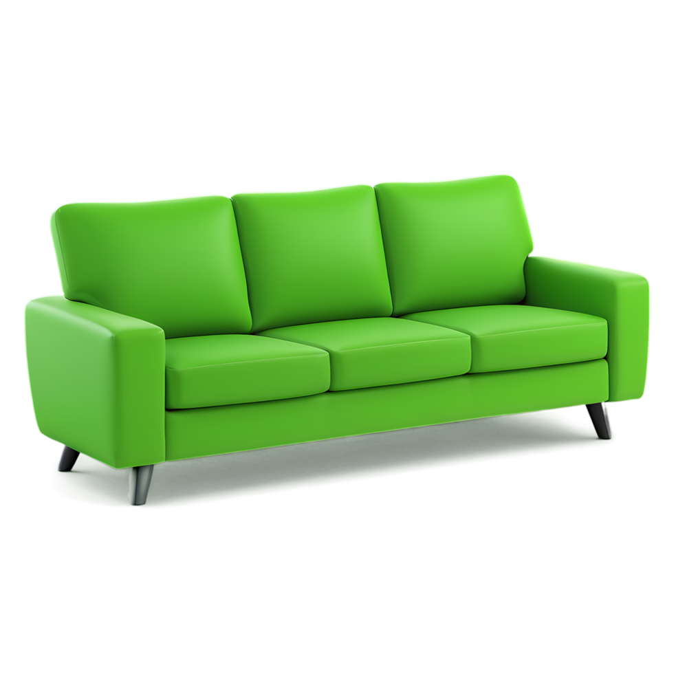 Vibrant lime green sofa, modern design, three-seater couch, sleek curved armrests, plush cushions, tapered black legs, minimalist style, bold color, contemporary furniture, l png