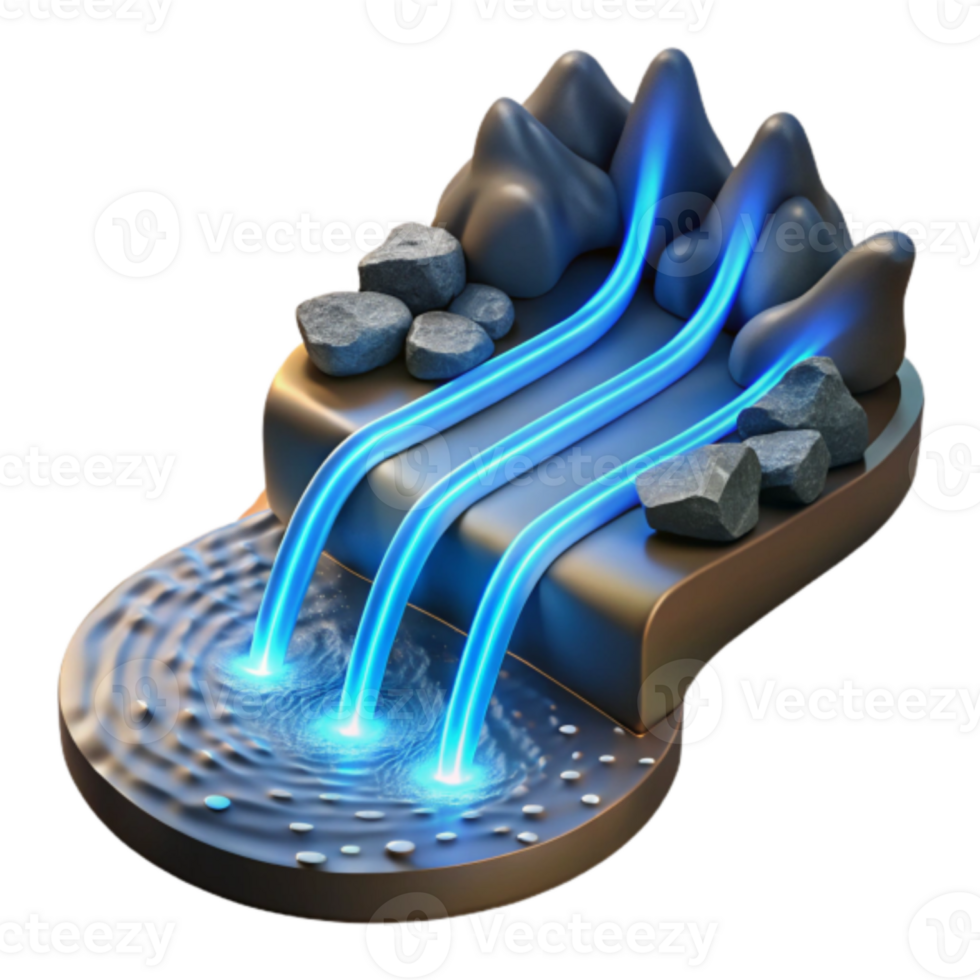 Illustration of Serene Waterfall Landscape with Glowing Blue Water Streams png