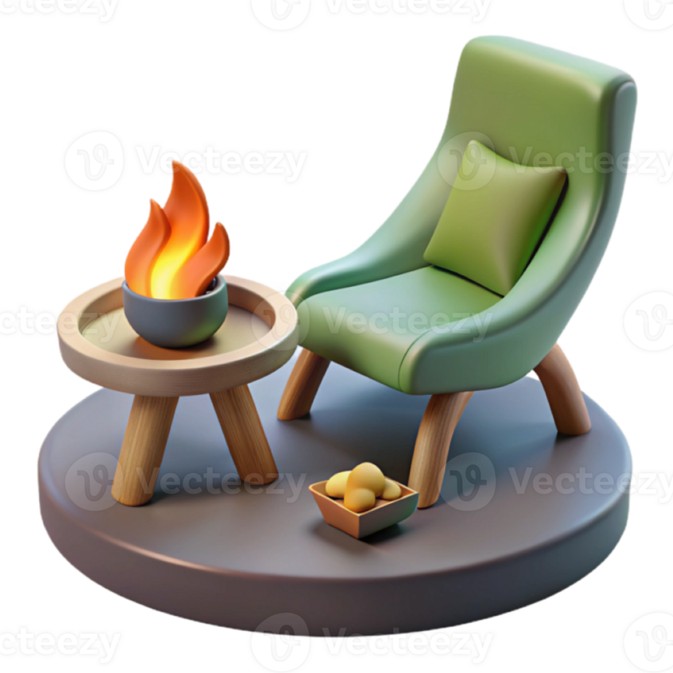 Cozy Render of a Green Armchair by a Table with a Fire png