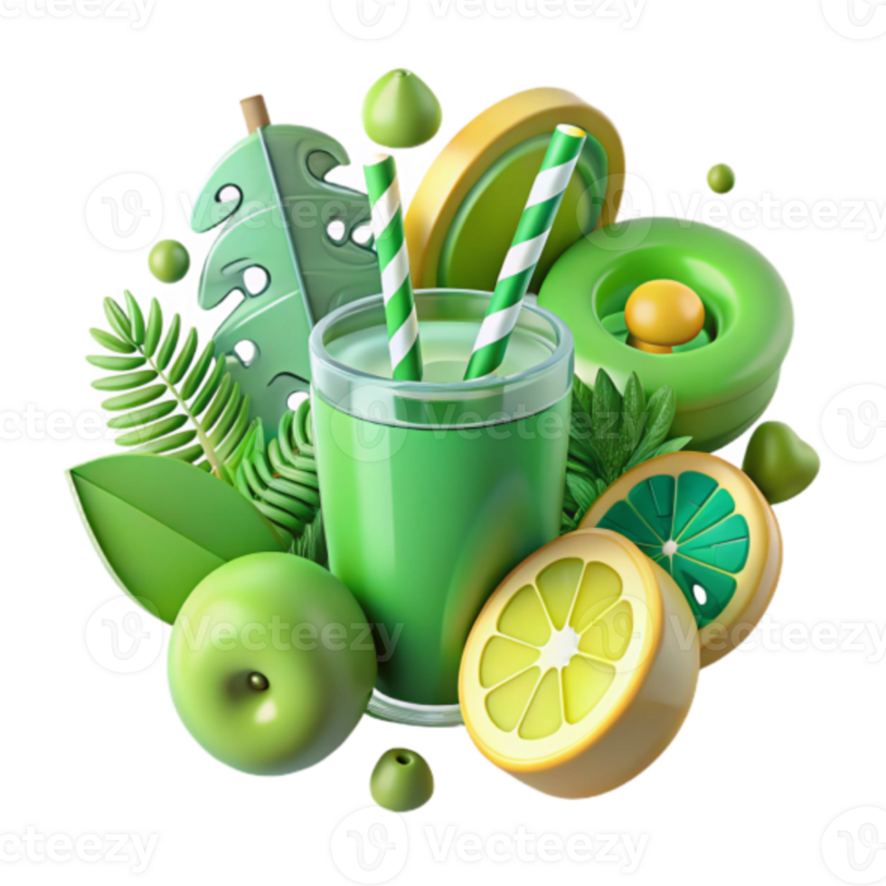Refreshing Green Smoothie Illustration with Tropical Leaves and Fruit png