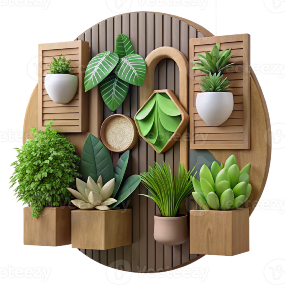 Render of Circular Wooden Planter Wall Decor with Succulents and Tropical Plants png