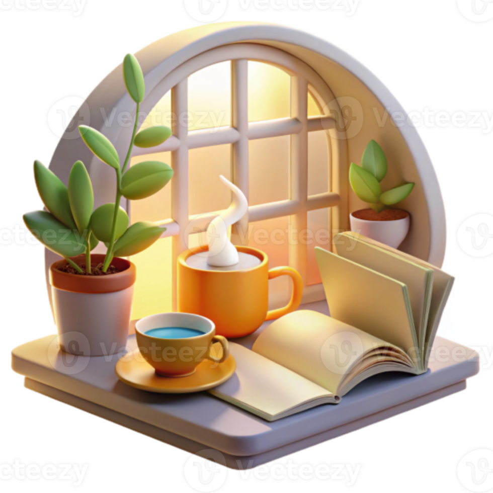 Cozy Render of a Window Seat with Tea, Books, and Plants png