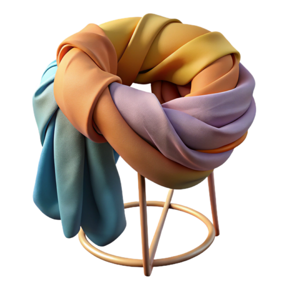 Pastel Fabric Knot Render Illustration Soft Hues, Draped Texture, Abstract Design, Colorful Textile, Looped Material, Gold Stand, Artistic Visual, Smooth Surface, Elegant Composition, Whimsical Style png