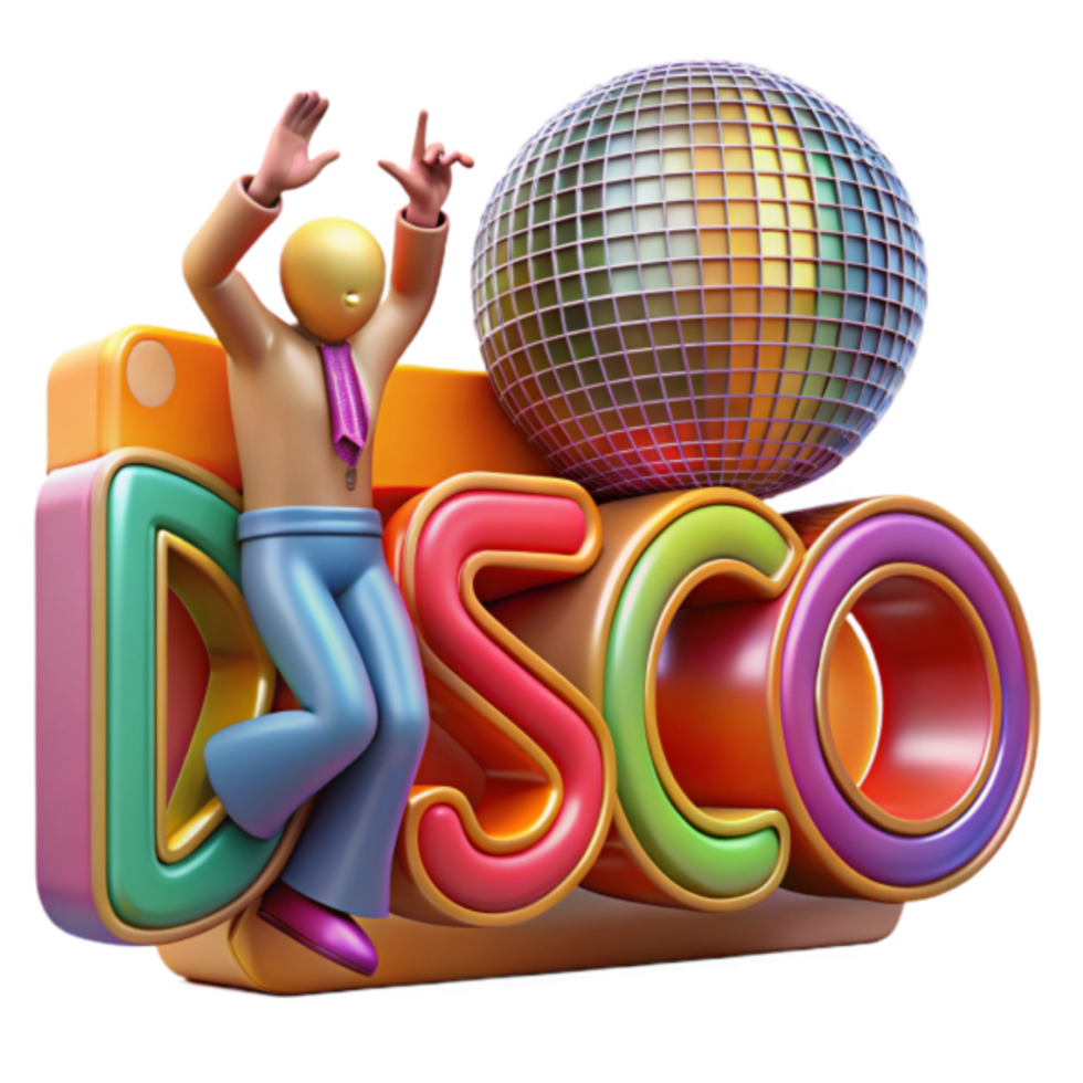 Groovy Disco Illustration Colorful Letters, Dancing Figure, and Mirror Ball png