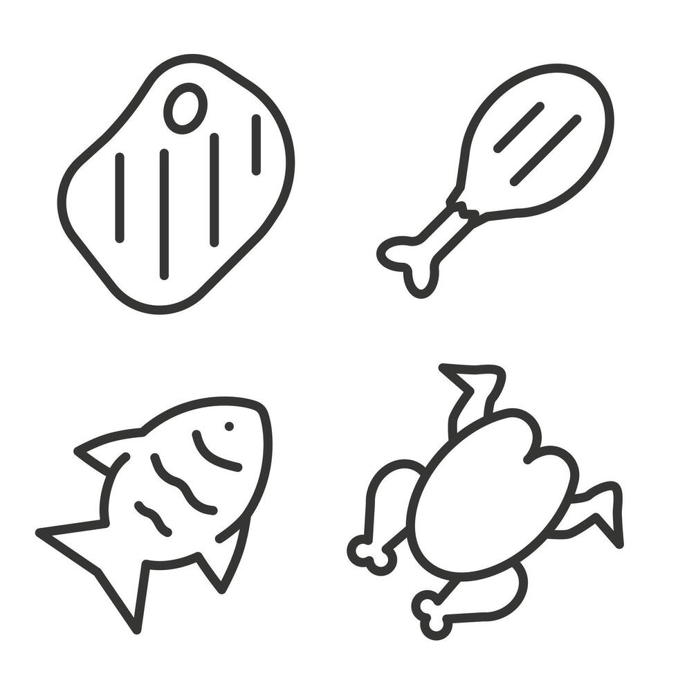 Grilled meat. Everything for the grill thin line icons. Barbecue grill. vector