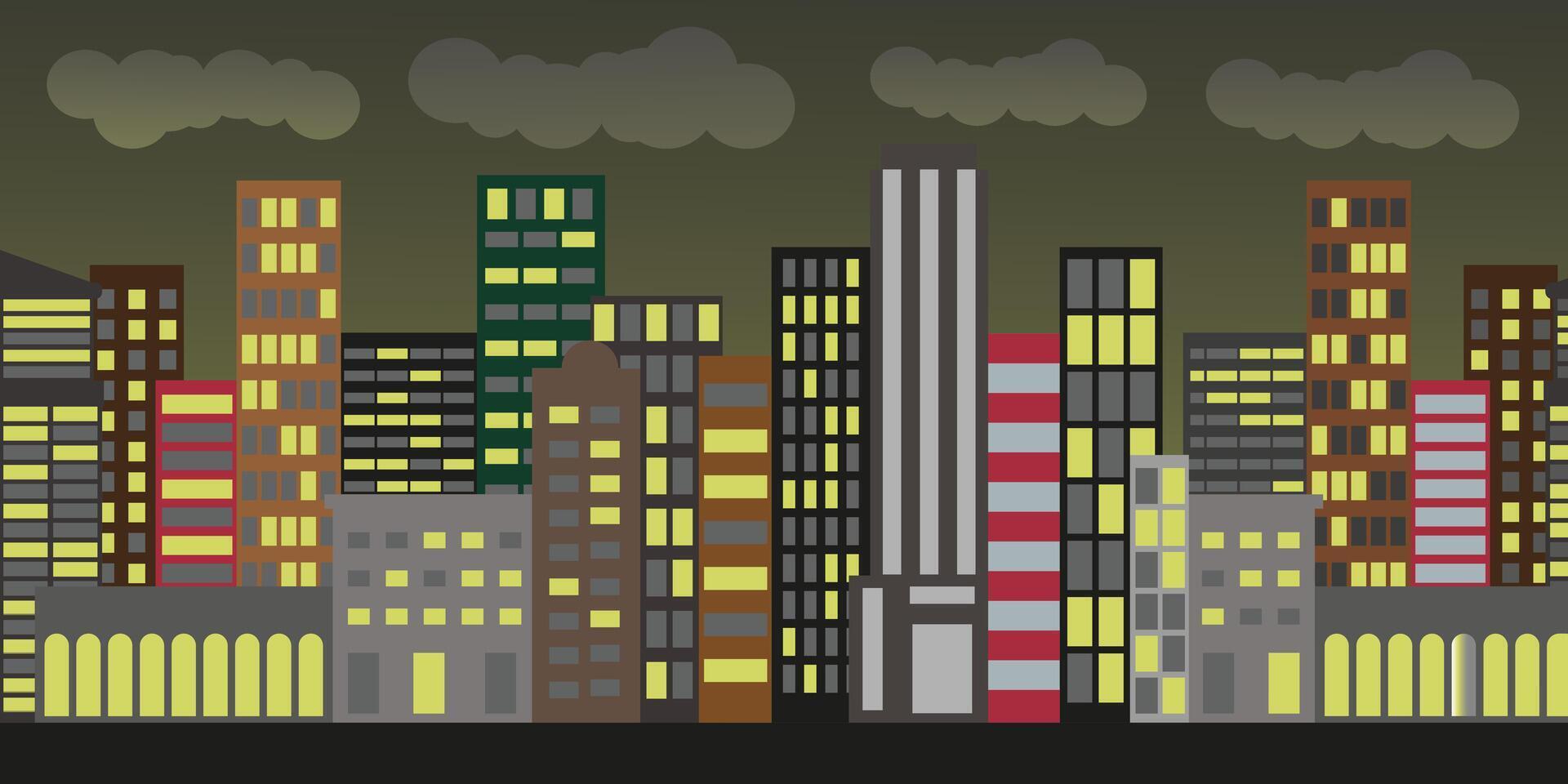 Panoramic design of evening cityscape for background. Drawing of city skyline buildings. City background in the evening. vector