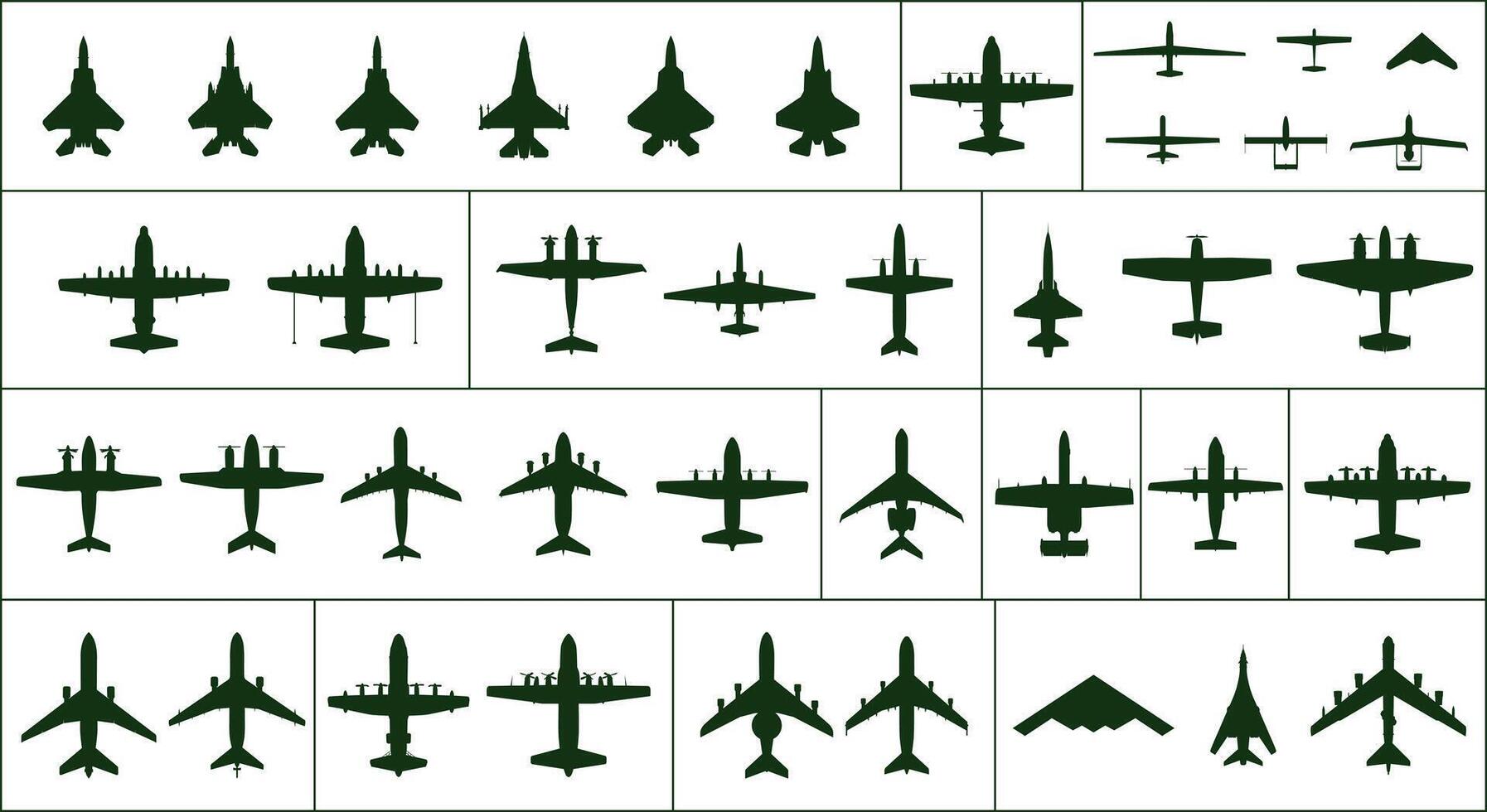 A set of American military aircraft of different types. Black silhouettes. ESP 10. vector
