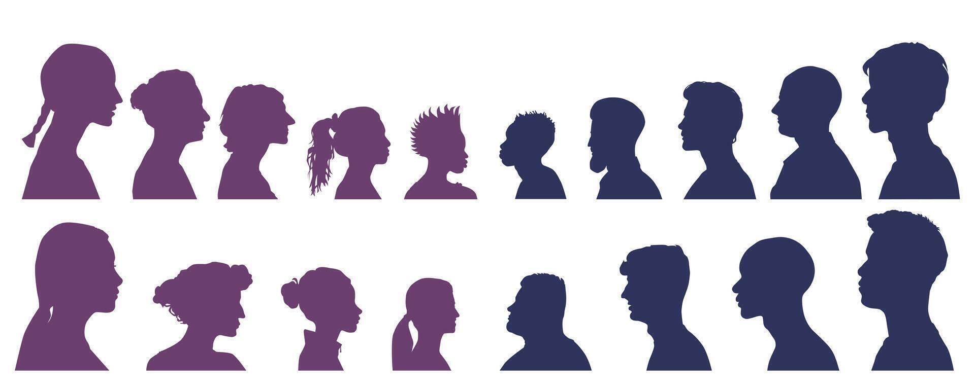 Profiles of men and women. Communicating with crowds of families and multinational people and different cultures. Sociology. vector