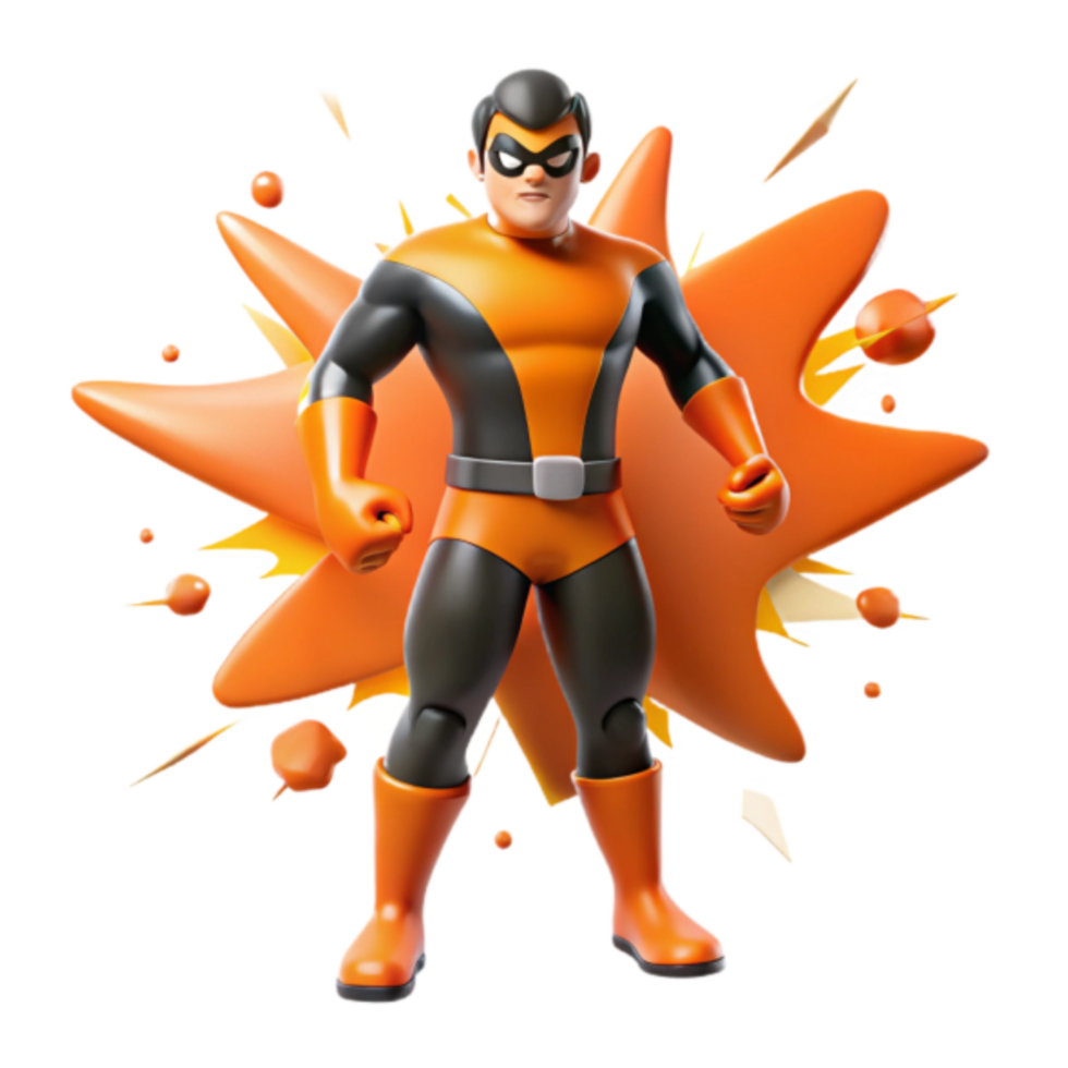 Orange Superhero Render, Dynamic Posing Against Abstract Background png