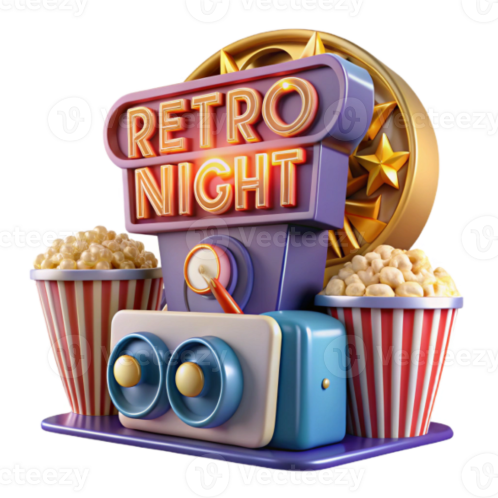 Retro Night Illustration Popcorn, Movie, Entertainment, Golden Star, Retro Design, Cinema, Nostalgia, Fun, Classic, Party png