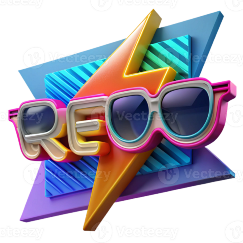 Retro Sunglasses Render with Lightning Bolt and Geometric Shapes Background Illustration png