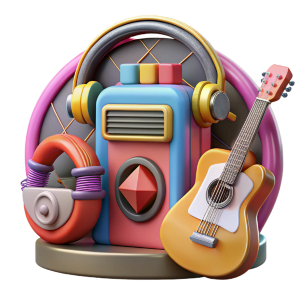 Vibrant Render of Retro Music Icons Radio, Headphones, Guitar, and Speaker png