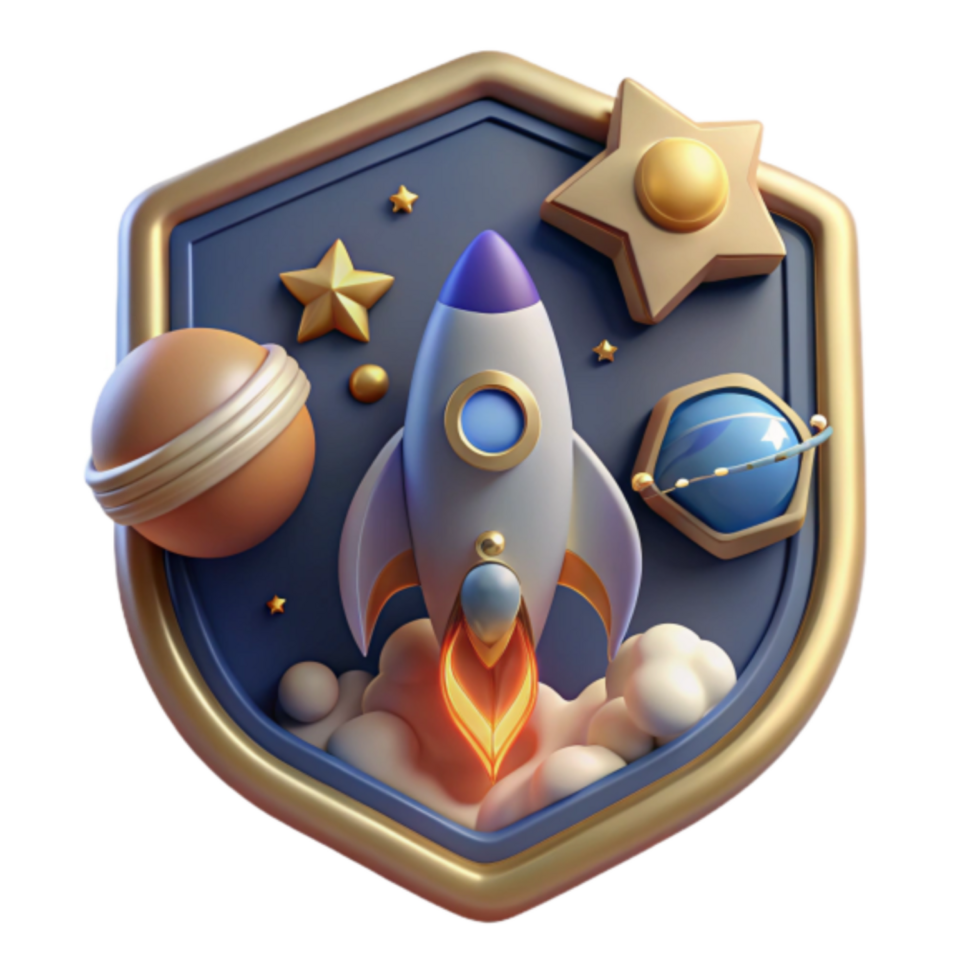 Render Space Rocket Launching Illustration Gold Shield Cosmic Background png