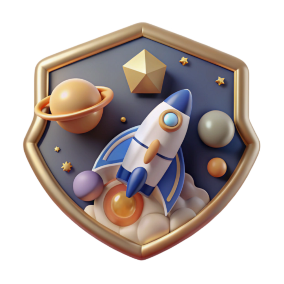 Render of a Cute Rocket Launching in Space, Shield Badge Design, Cartoon Space Scene, Galaxy Illustration, Cosmic Adventure, Planets and Stars, Fantasy Artwork png