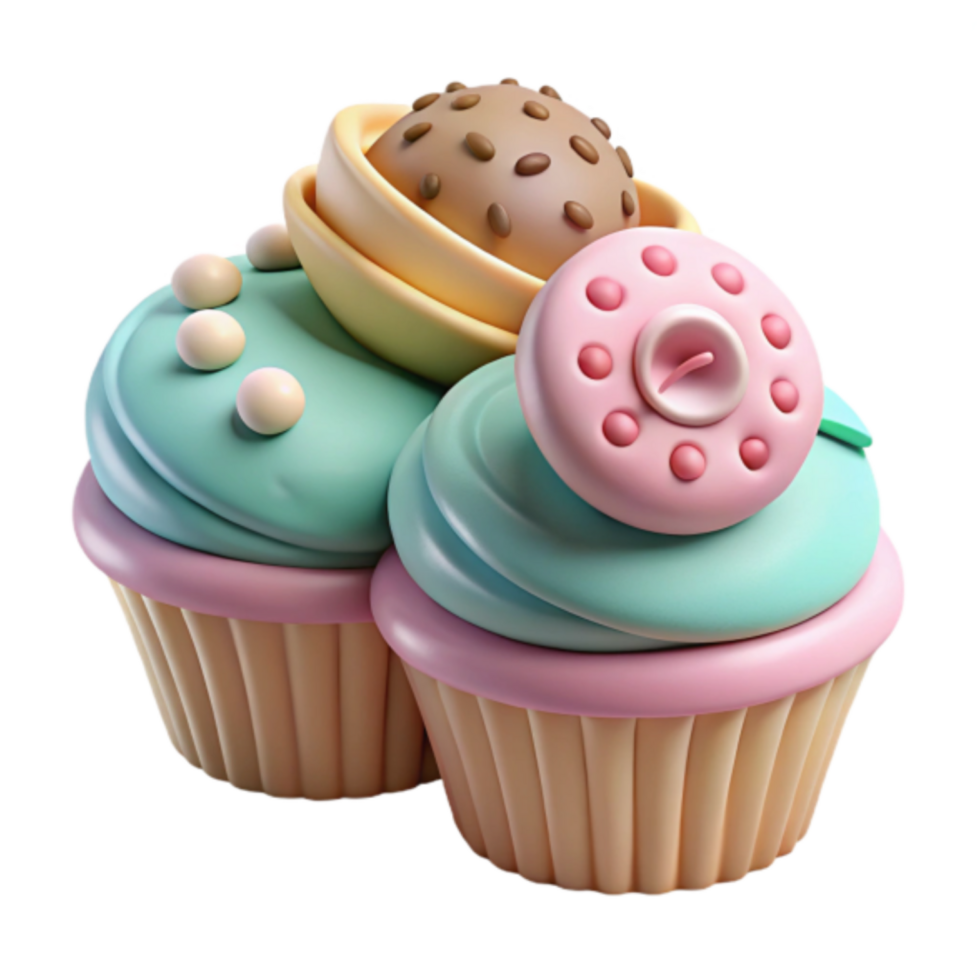 Delightful Render of Pastel Cupcakes with Decorative Toppings png