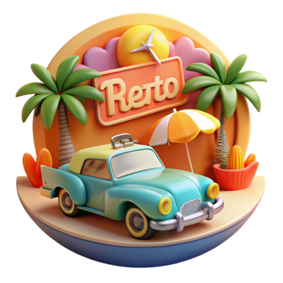 Summer Vacation Retro Car Illustration Palm Trees Beach Umbrella Fun Travel png