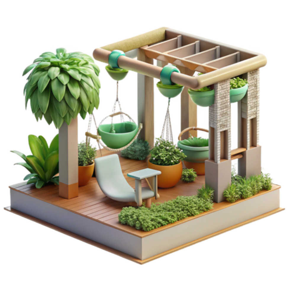 Illustration of a Serene Garden Patio with Hanging Planters and Relaxing Lounger png