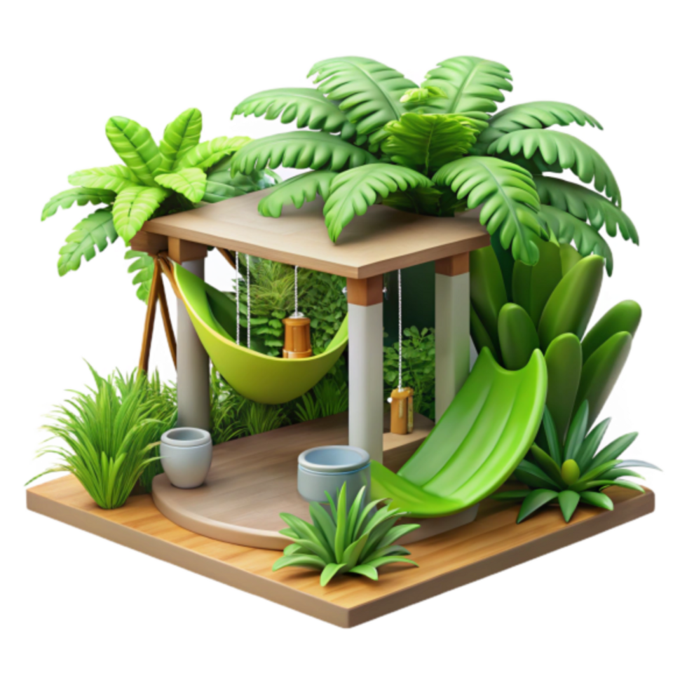 Illustration Lush Tropical Garden Playset Hammock Slide png
