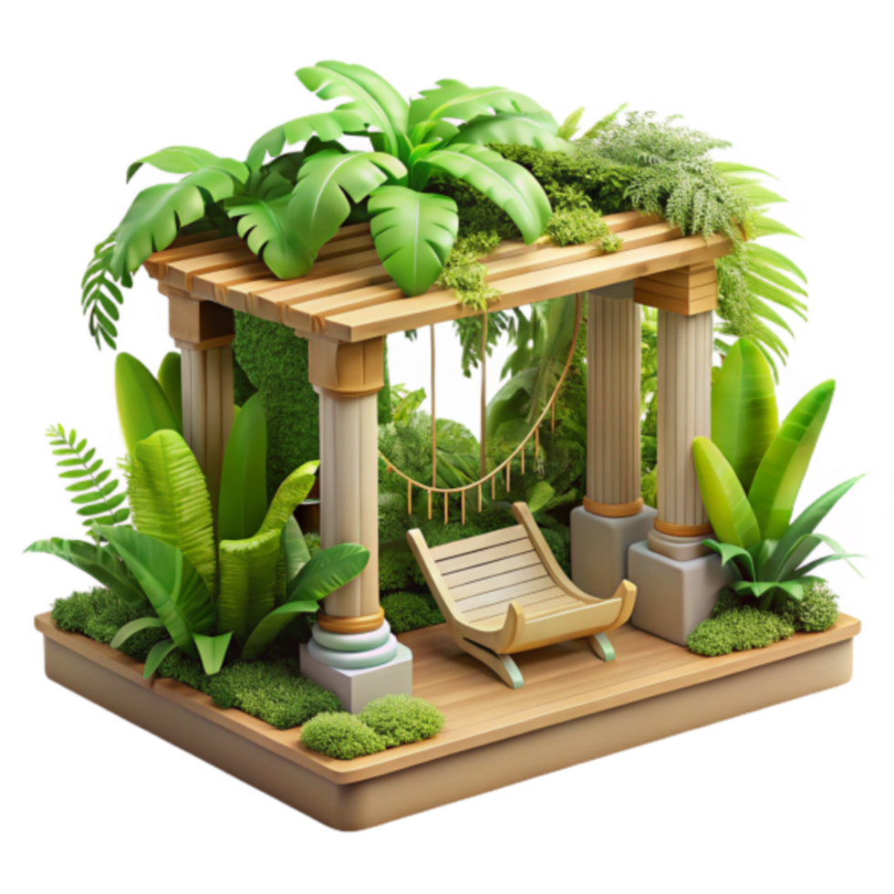 Lush Tropical Garden Pergola Illustration Serene Wooden Structure with Swing and Vibrant Greenery png