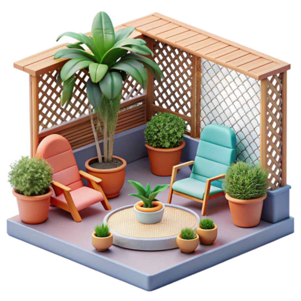 Charming Render of a Cozy Patio Garden with Plants and Chairs png