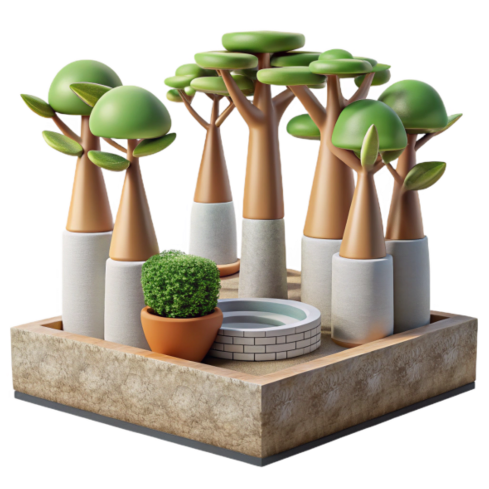 Render Mini Garden Illustration Stylized Trees, Potted Plant, and Stone Well in a Square Planter png
