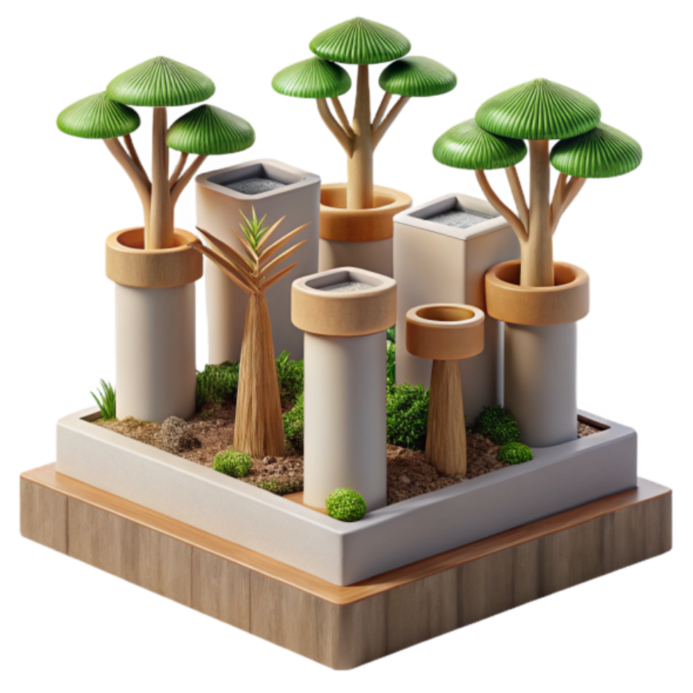 Miniature Render of a Zen Garden with Trees and Pillars png