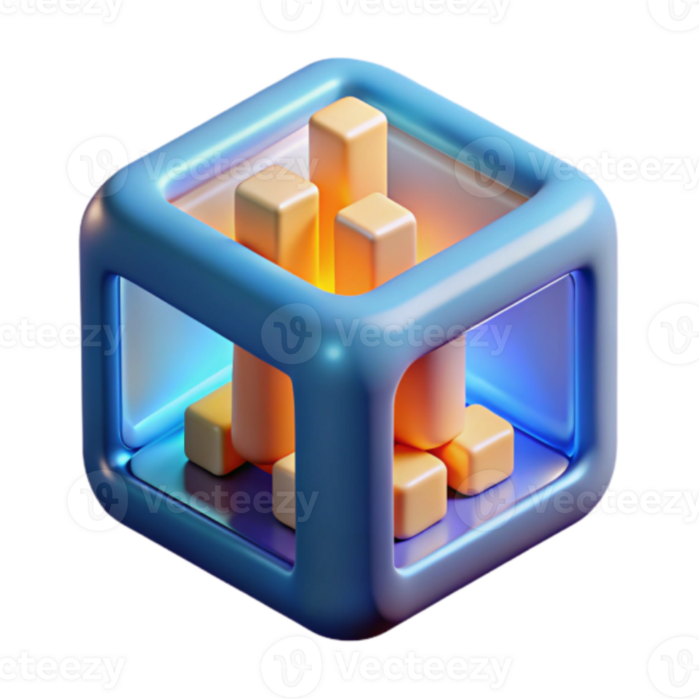 Render Abstract Cube Graphic Glowing Blocks Inside a Blue Cube png