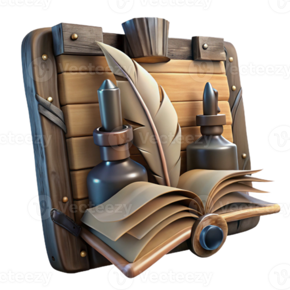Wooden Book Icon Render, Inkwells and Quill Illustration png