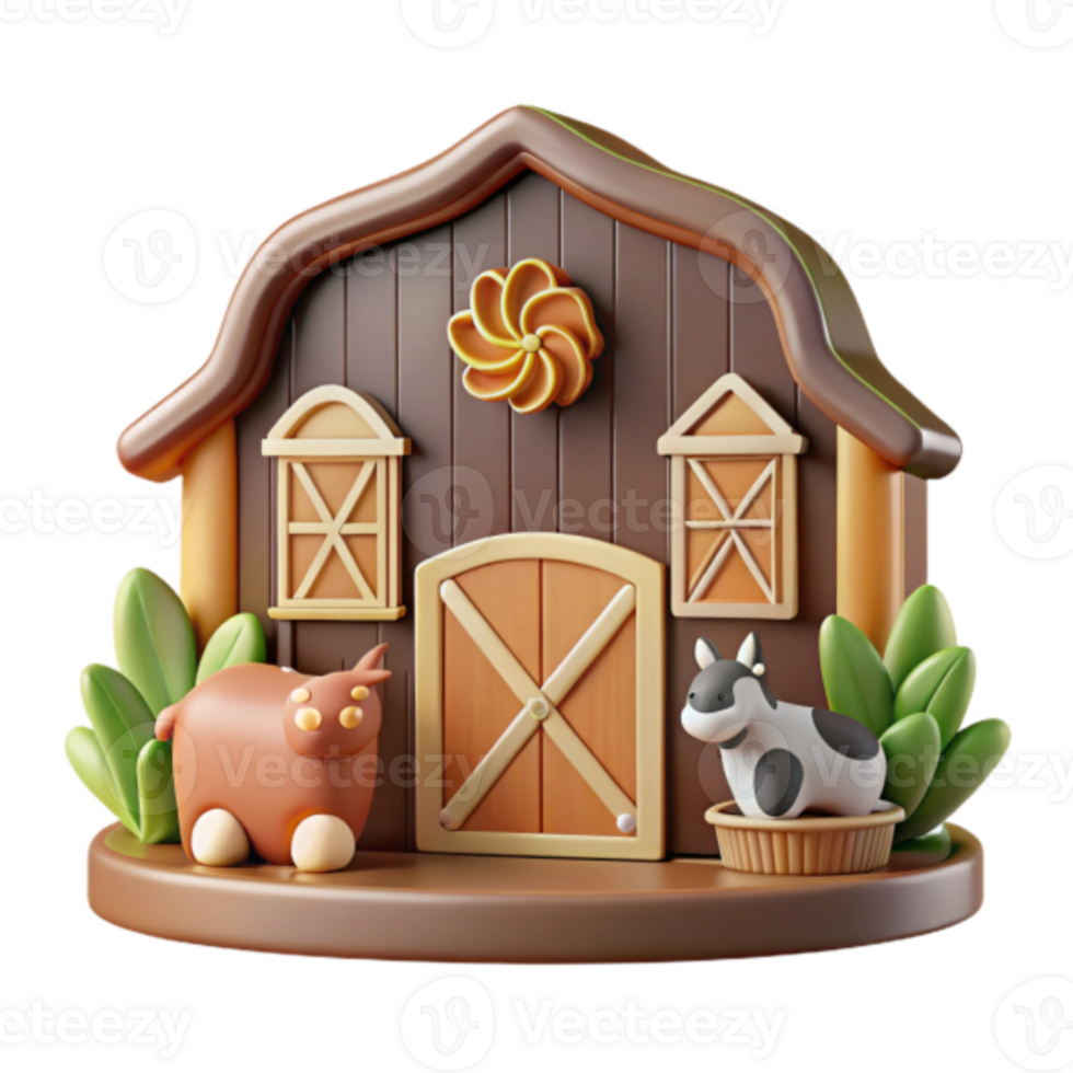 Farmhouse Render Illustration, Cartoon Barn with Cow and Pig png