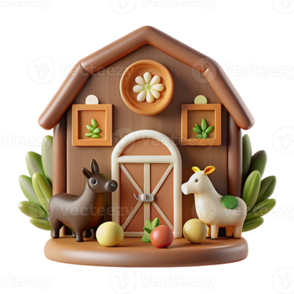 Charming Render of a Rustic Barn with Donkeys and Floral Decor png