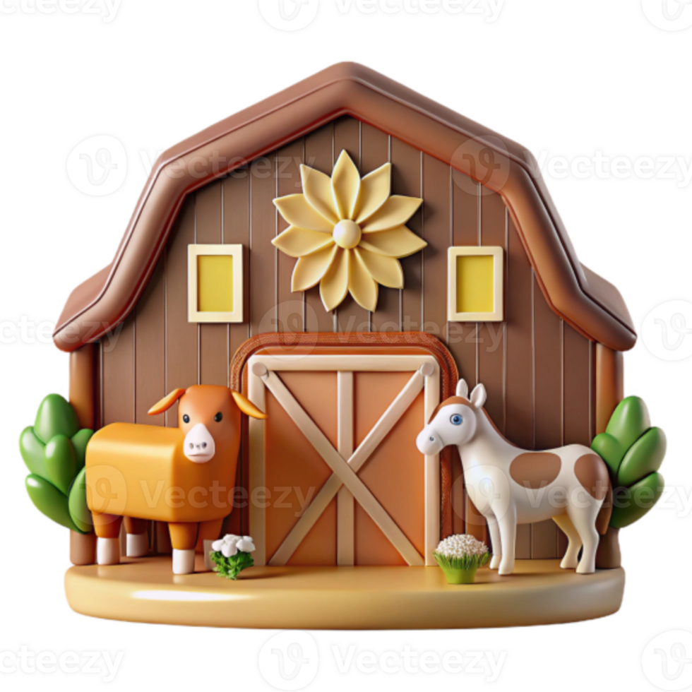 Adorable Render of a Farm Barn with Cow and Horse png