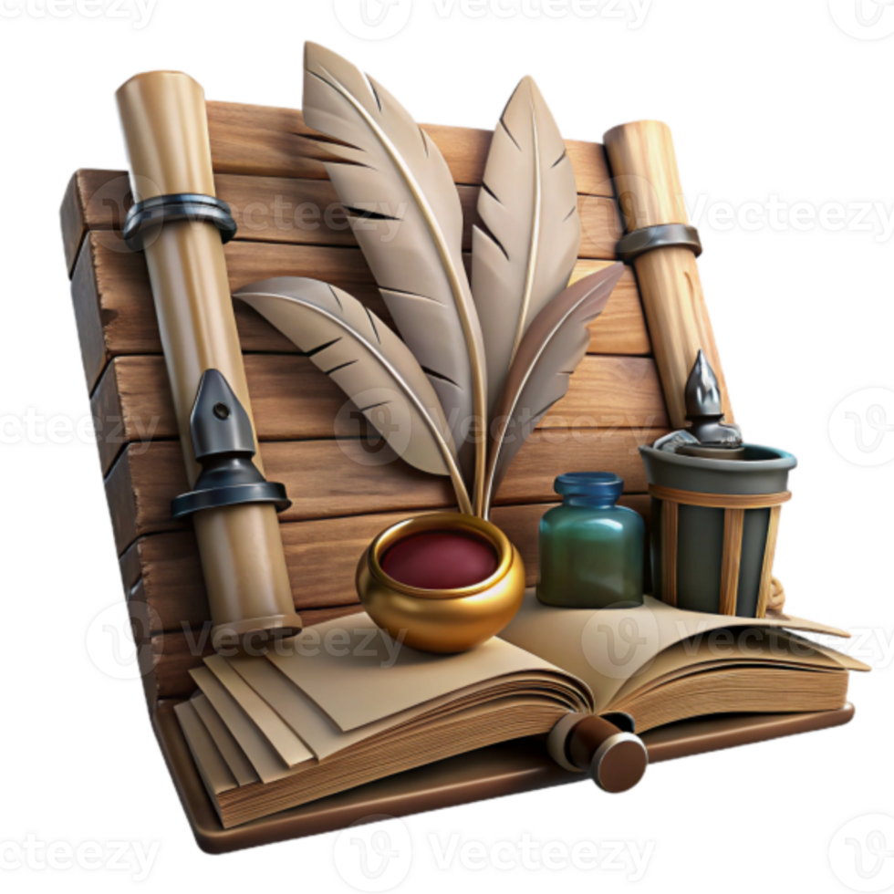 Render of an Open Book with Quills, Inkwells, and Wooden Scrolls Background png